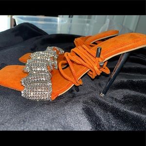 Orange & Crystal Stone Tie up Heels
